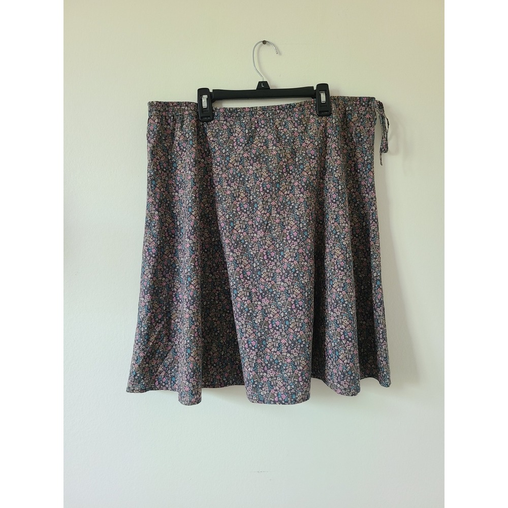 Garnet Hill Cotton Navy Green purple Floral Print Above Knee Skirt Tie Size L